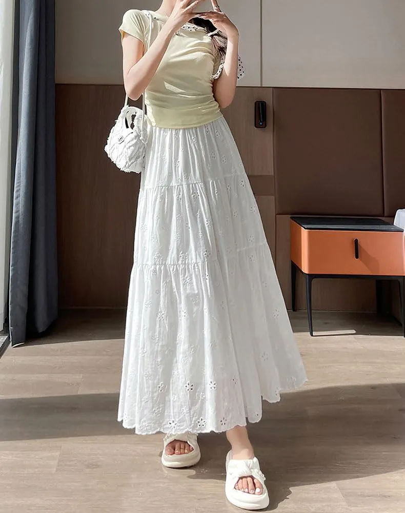 chouyatou Women's Boho Lace Embroidery Eyelet Swing Skirt High Elastic Waist Ruffle Tiered Long Skirt