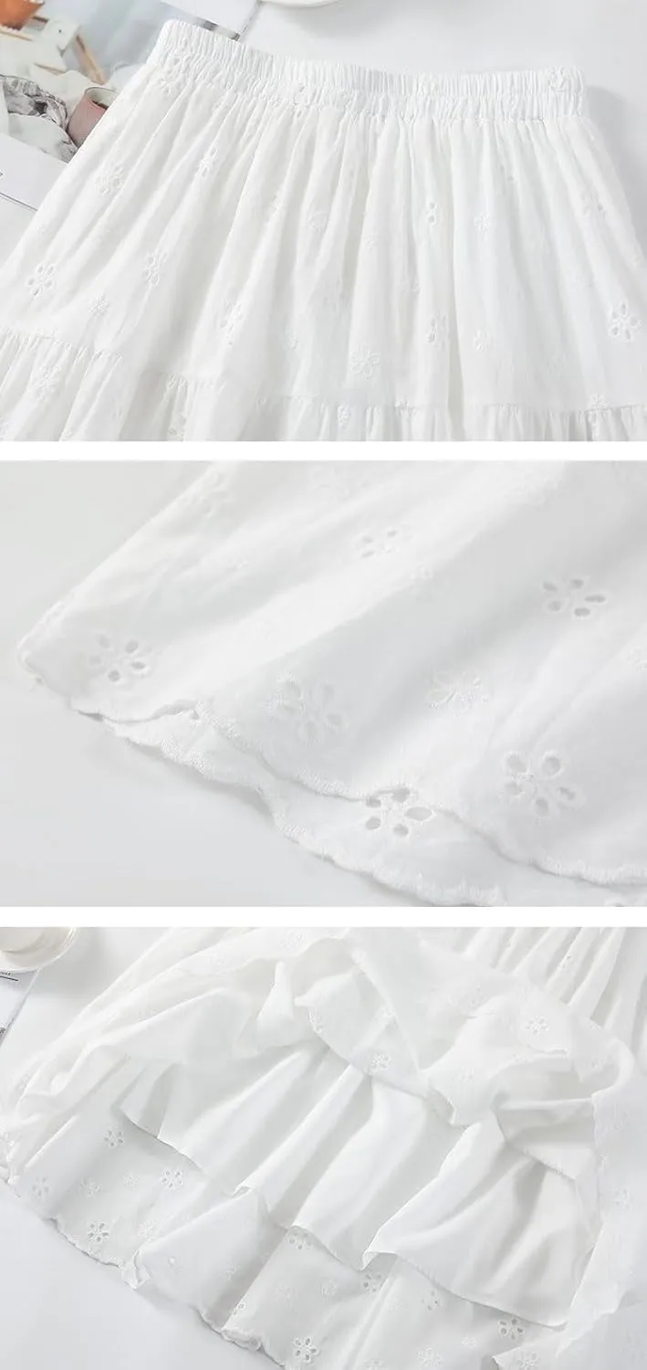 chouyatou Women's Boho Lace Embroidery Eyelet Swing Skirt High Elastic Waist Ruffle Tiered Long Skirt
