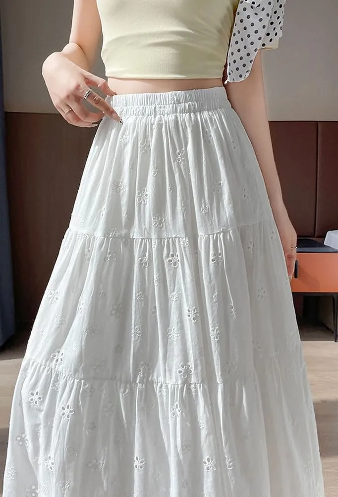 chouyatou Women's Boho Lace Embroidery Eyelet Swing Skirt High Elastic Waist Ruffle Tiered Long Skirt