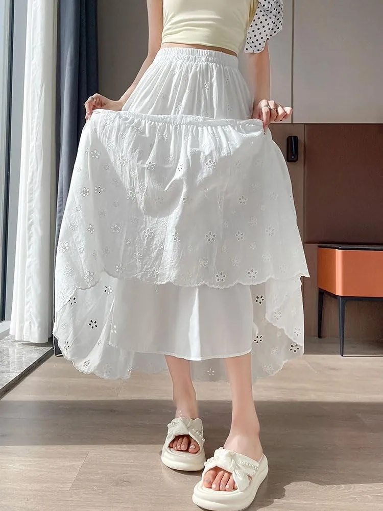 chouyatou Women's Boho Lace Embroidery Eyelet Swing Skirt High Elastic Waist Ruffle Tiered Long Skirt