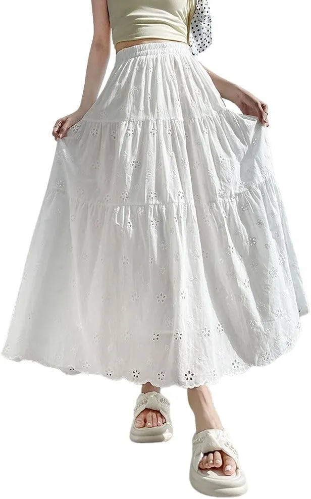 chouyatou Women's Boho Lace Embroidery Eyelet Swing Skirt High Elastic Waist Ruffle Tiered Long Skirt