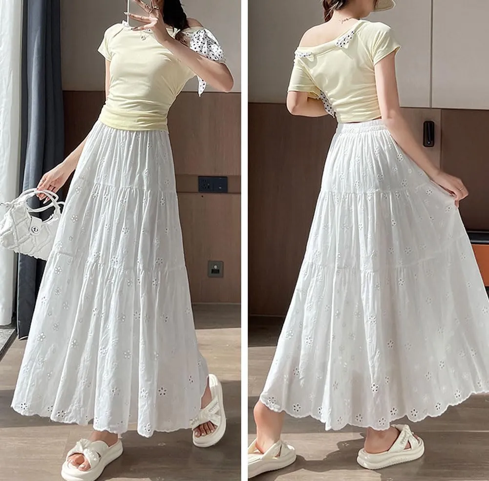 chouyatou Women's Boho Lace Embroidery Eyelet Swing Skirt High Elastic Waist Ruffle Tiered Long Skirt