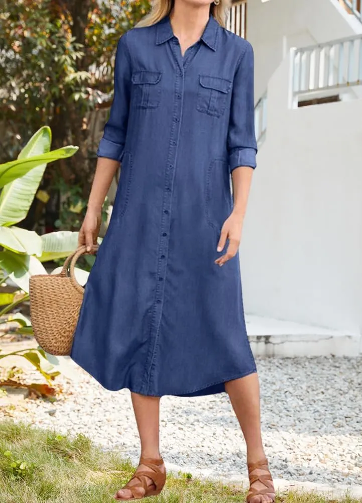 chouyatou Women's Summer Casual Denim Shirt Dress Loose Fit Button Down Midi Long Tunic Jean Dress