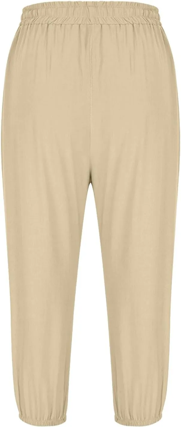 Cotton Linen Pants for Women Summer Elastic Waist Solid Capris Pants Straight Wide Leg Cropped Trousers