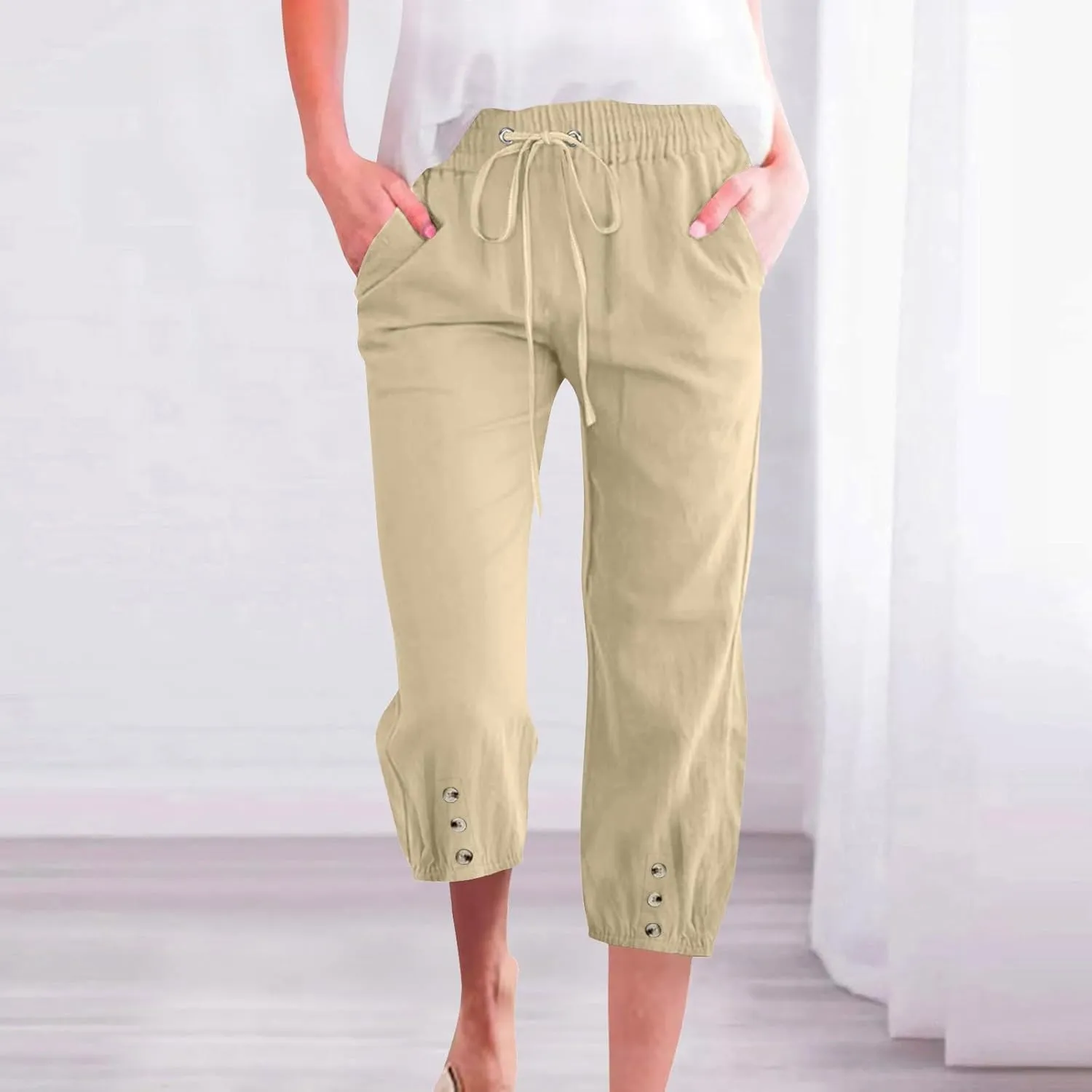 Cotton Linen Pants for Women Summer Elastic Waist Solid Capris Pants Straight Wide Leg Cropped Trousers