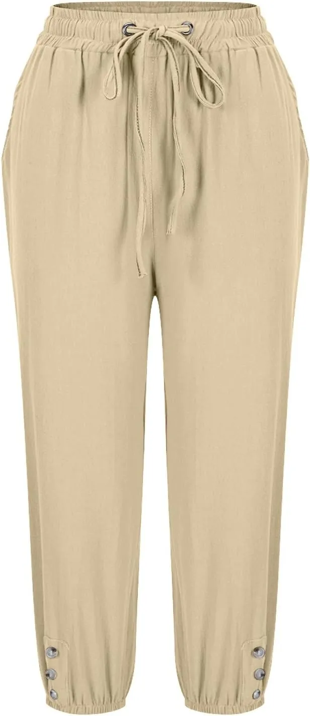 Cotton Linen Pants for Women Summer Elastic Waist Solid Capris Pants Straight Wide Leg Cropped Trousers