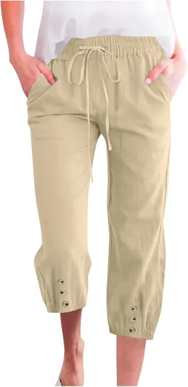 Cotton Linen Pants for Women Summer Elastic Waist Solid Capris Pants Straight Wide Leg Cropped Trousers