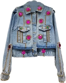 Dawery Women Denim Coat Patch Big Crystal Embroidered Flares Rivet Blue Bomber Jackets Spring Autumn Cropped Tops