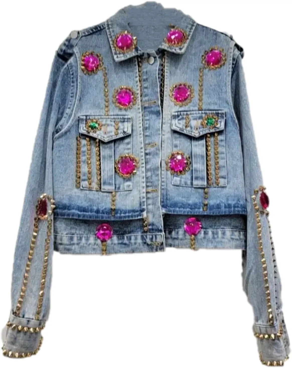 Dawery Women Denim Coat Patch Big Crystal Embroidered Flares Rivet Blue Bomber Jackets Spring Autumn Cropped Tops