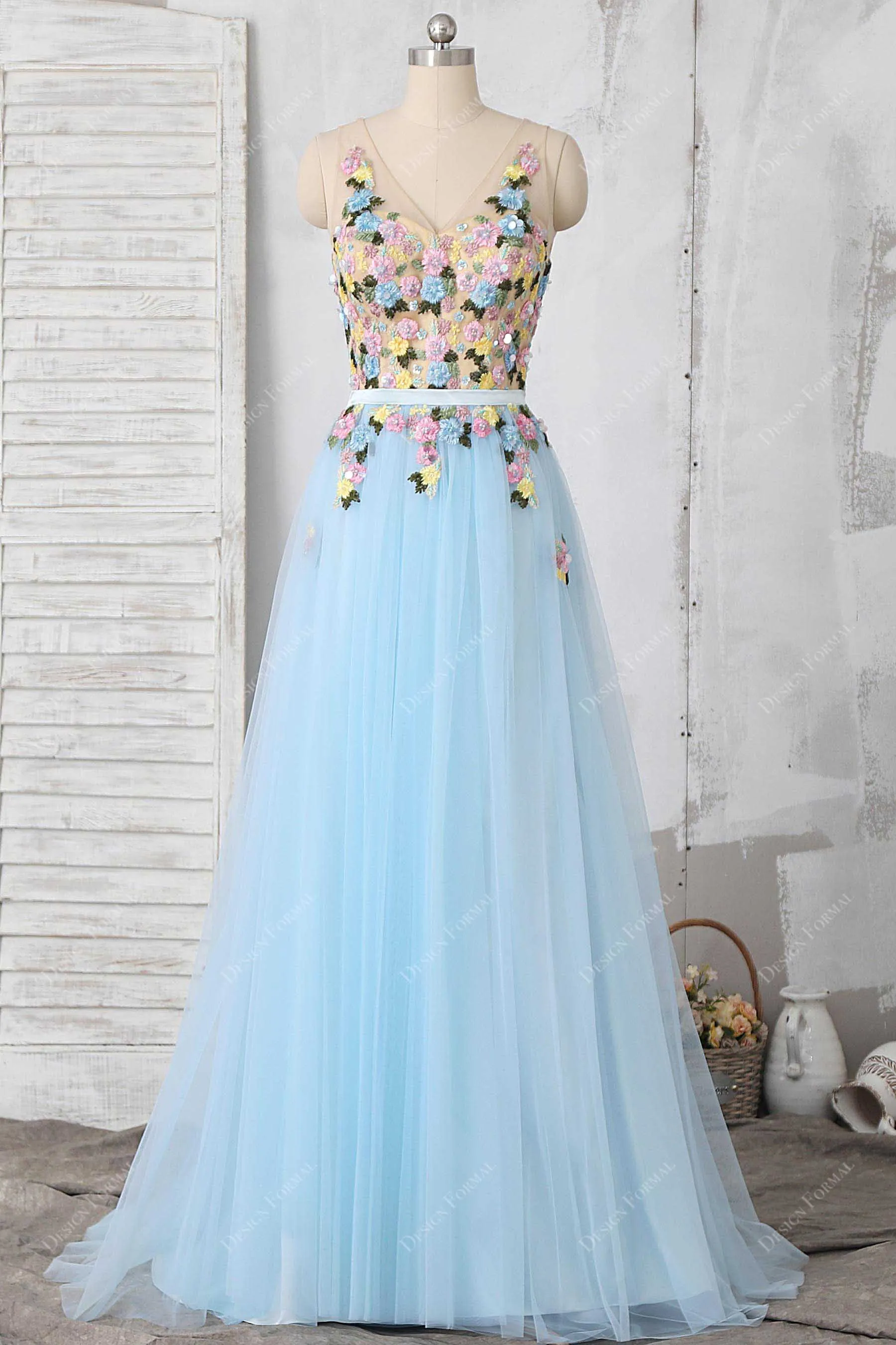 Delicate 3D Flowers illusion Baby Blue Fairy Tulle Dress