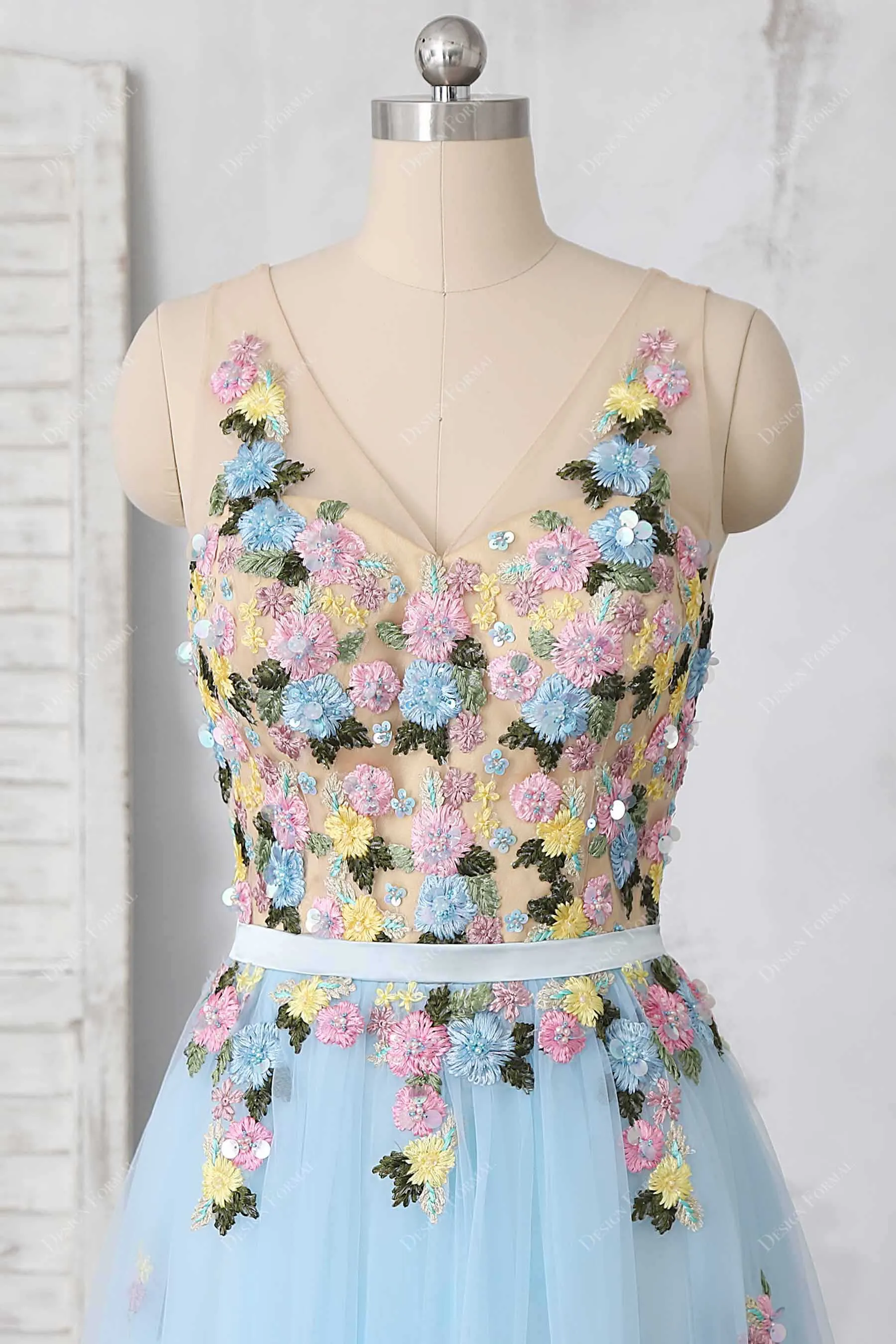 Delicate 3D Flowers illusion Baby Blue Fairy Tulle Dress