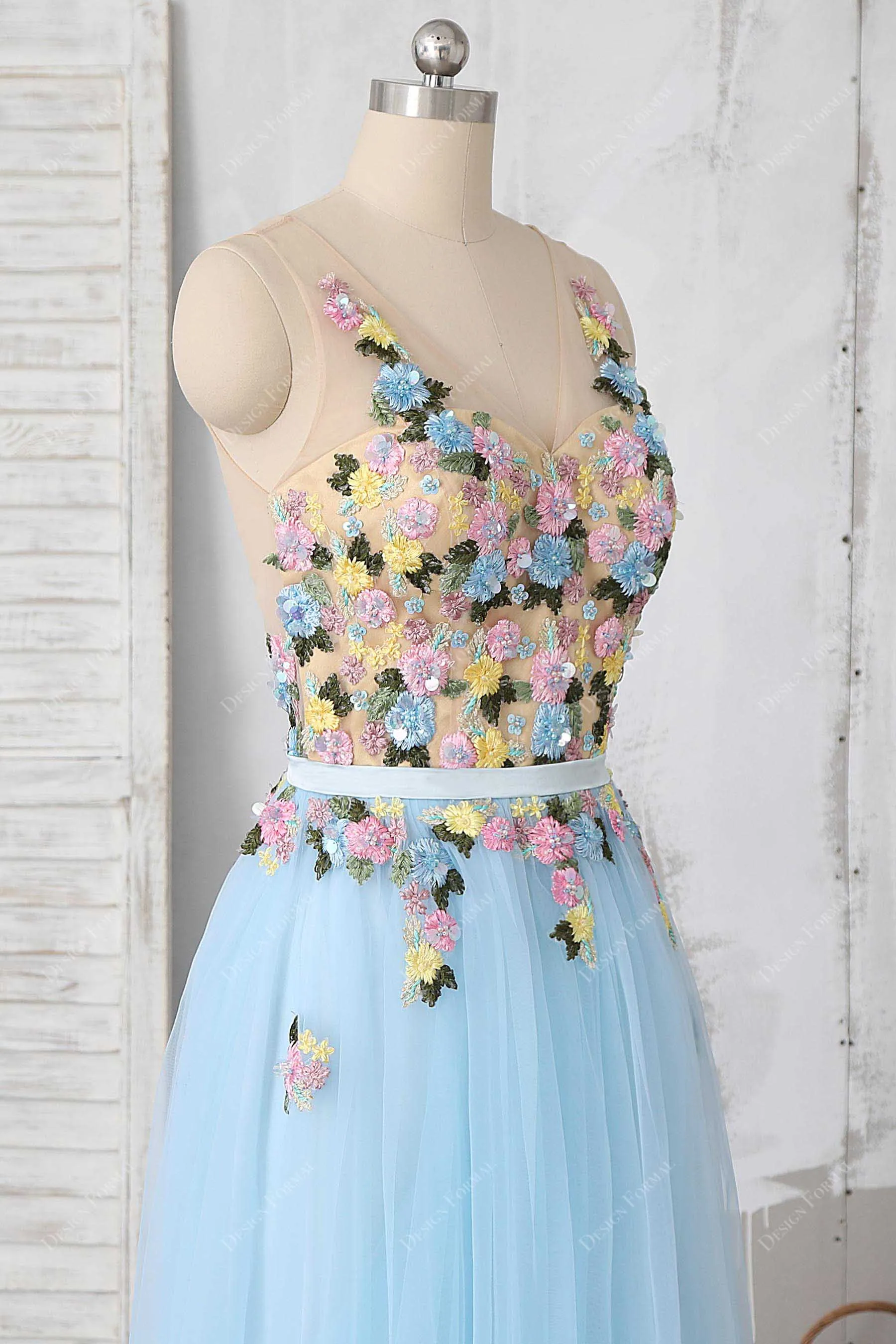Delicate 3D Flowers illusion Baby Blue Fairy Tulle Dress