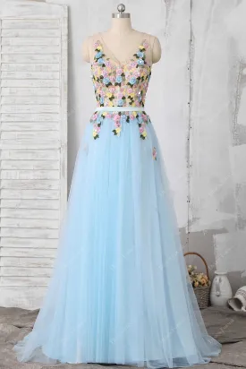 Delicate 3D Flowers illusion Baby Blue Fairy Tulle Dress