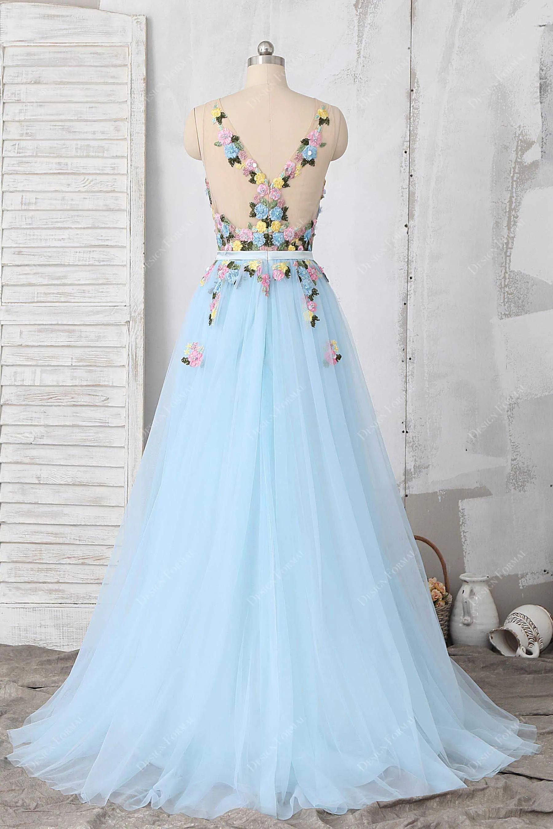 Delicate 3D Flowers illusion Baby Blue Fairy Tulle Dress