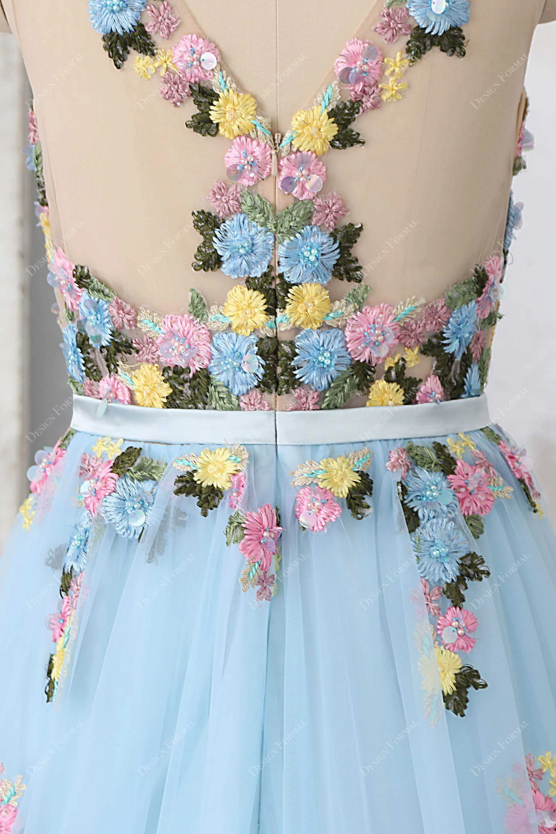 Delicate 3D Flowers illusion Baby Blue Fairy Tulle Dress