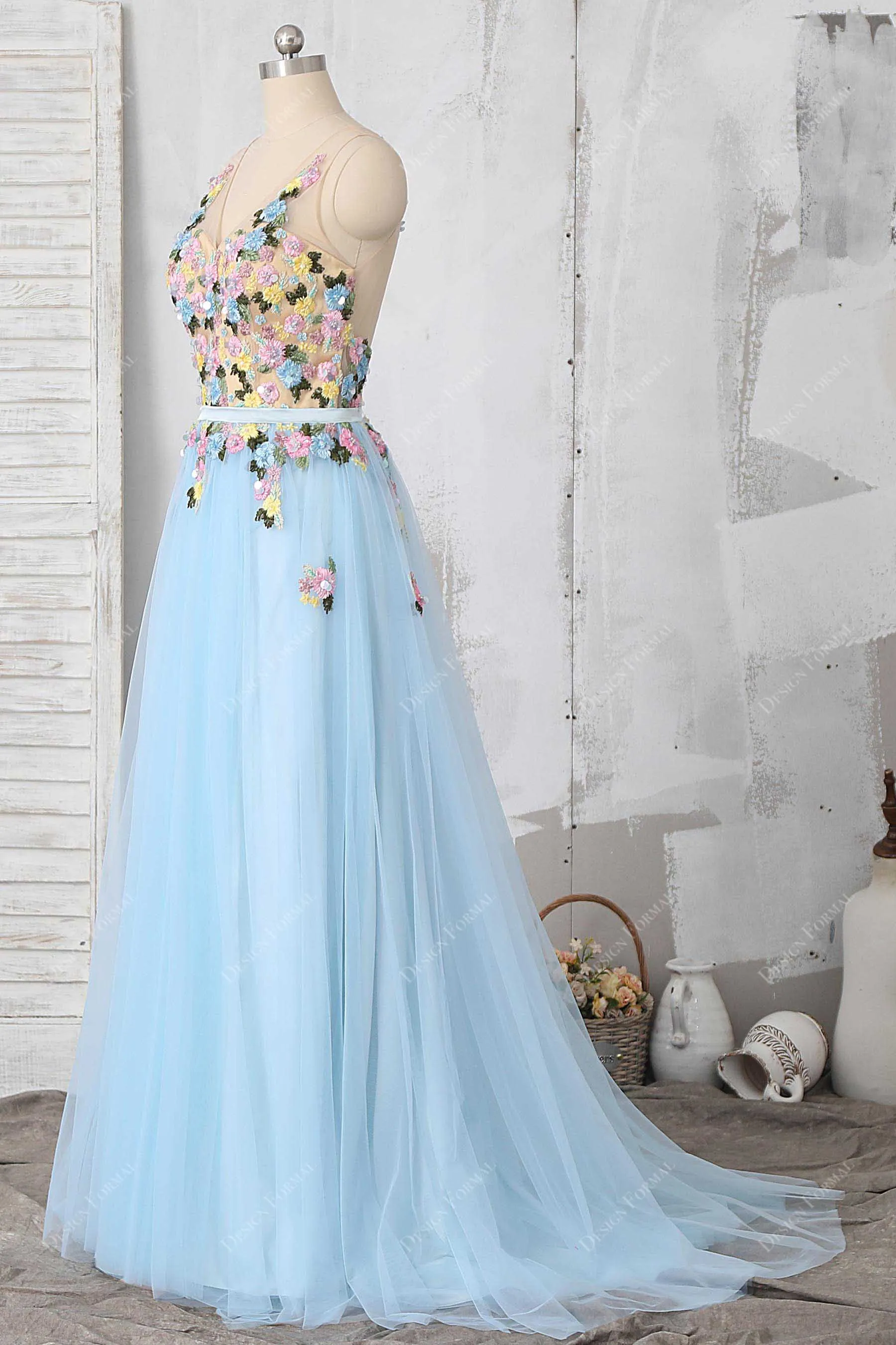 Delicate 3D Flowers illusion Baby Blue Fairy Tulle Dress