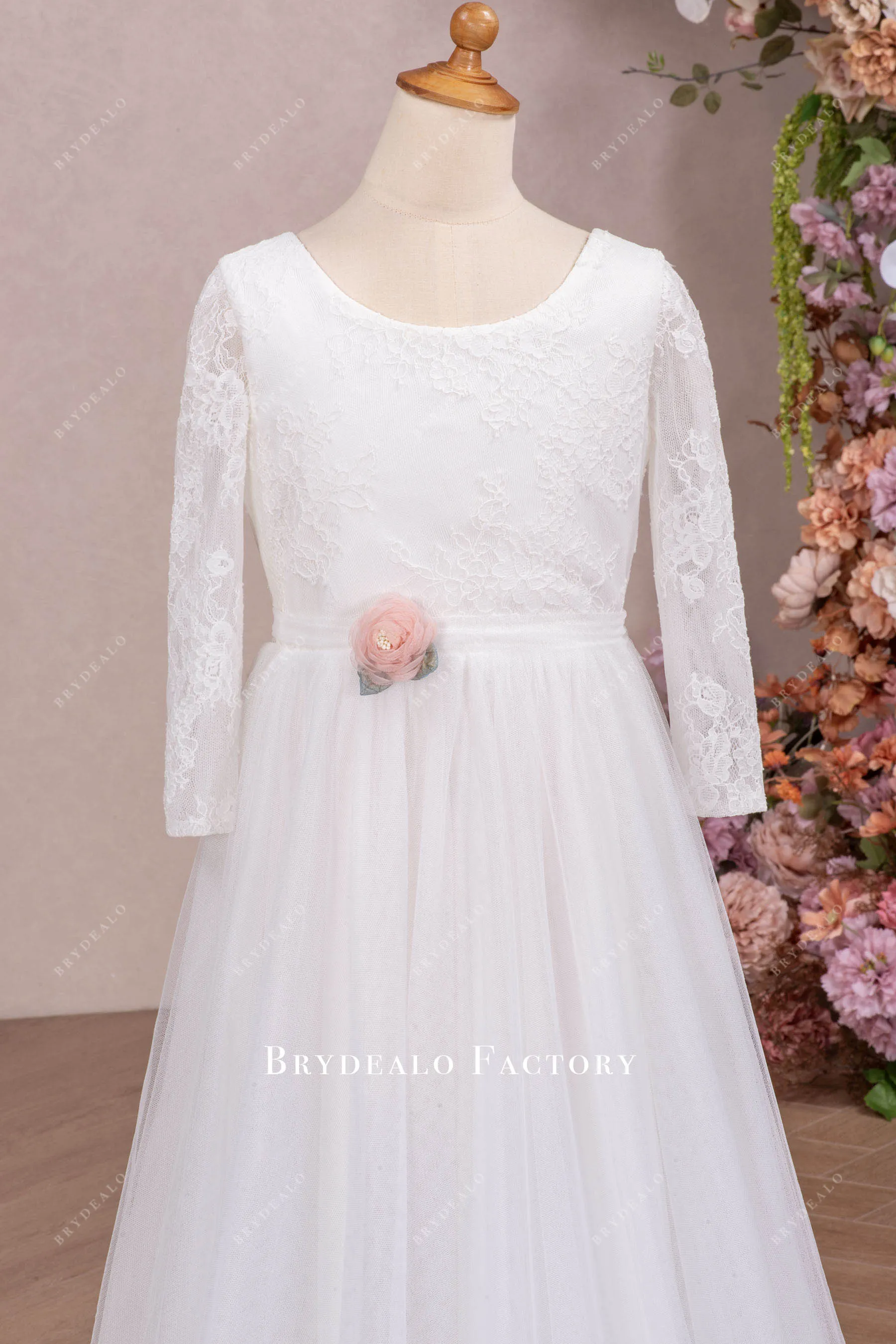 Elegant White Lace Long Sleeve A-line Floor Length Flower Girl Dress