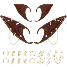 FRESHME Renaissance Elf Ears with Piercings - Cosplay Brown Fairy Pixie Ears with Pearl Earrings Chain Set Non Pierced Ear Clips for Women Christmas Halloween Renaissance Photoshoot