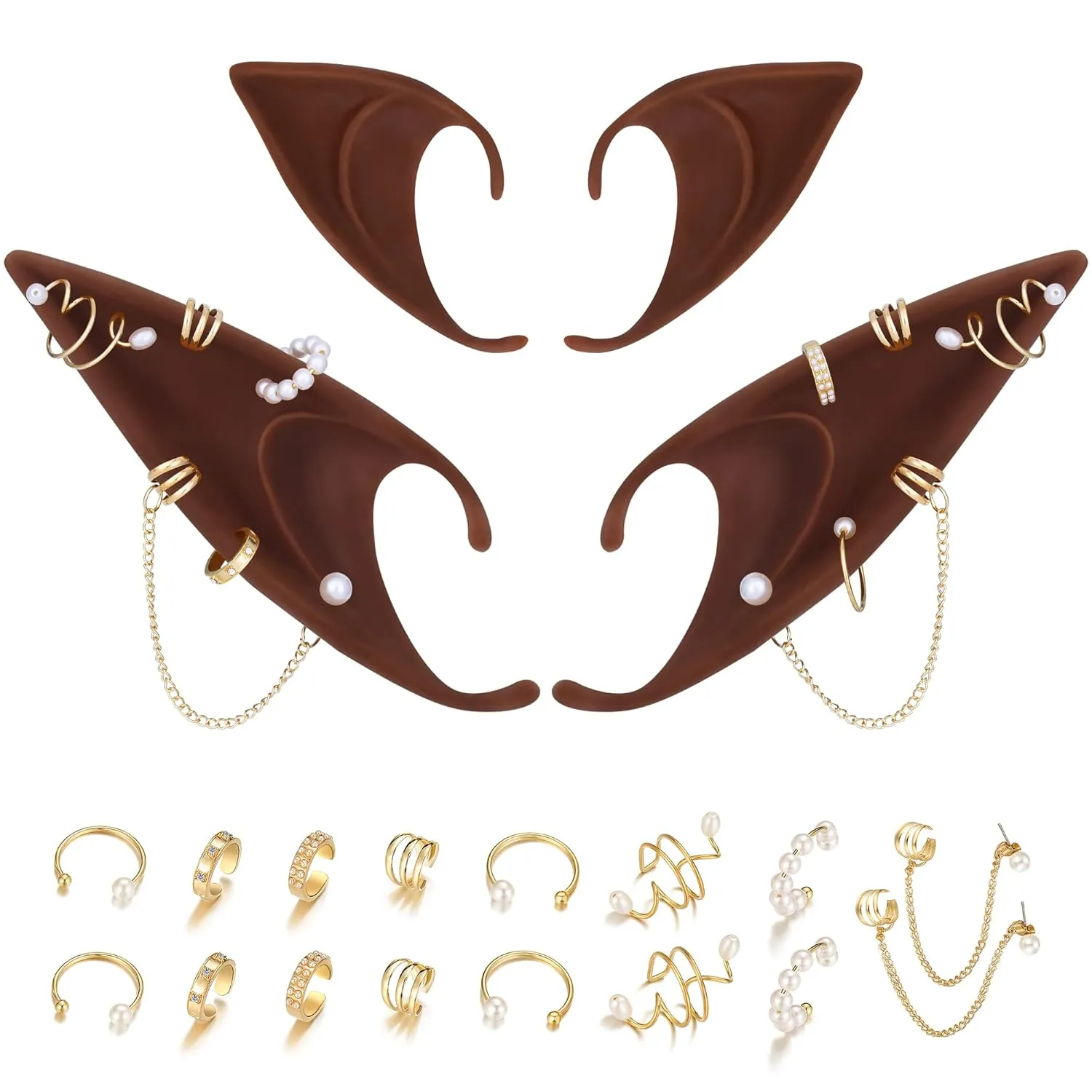 FRESHME Renaissance Elf Ears with Piercings - Cosplay Brown Fairy Pixie Ears with Pearl Earrings Chain Set Non Pierced Ear Clips for Women Christmas Halloween Renaissance Photoshoot