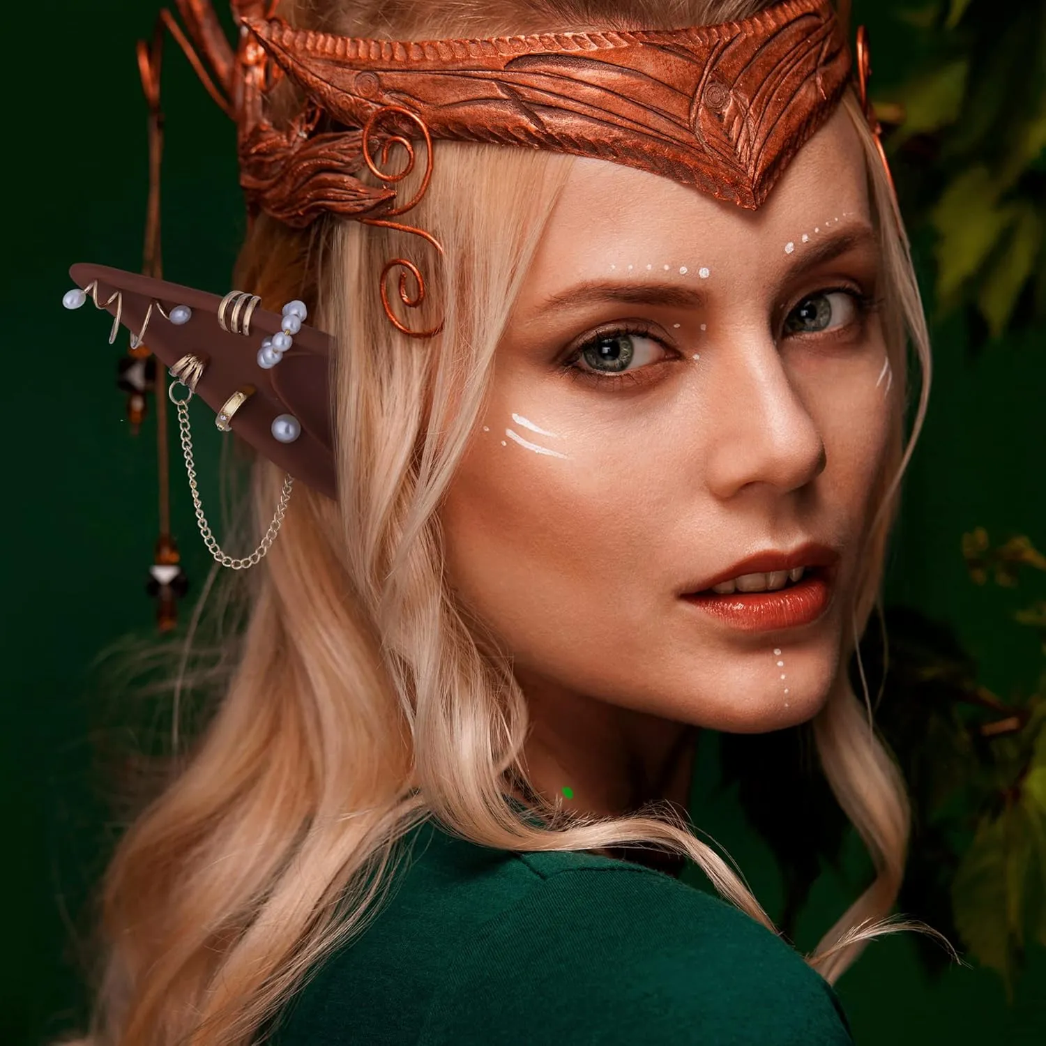 FRESHME Renaissance Elf Ears with Piercings - Cosplay Brown Fairy Pixie Ears with Pearl Earrings Chain Set Non Pierced Ear Clips for Women Christmas Halloween Renaissance Photoshoot