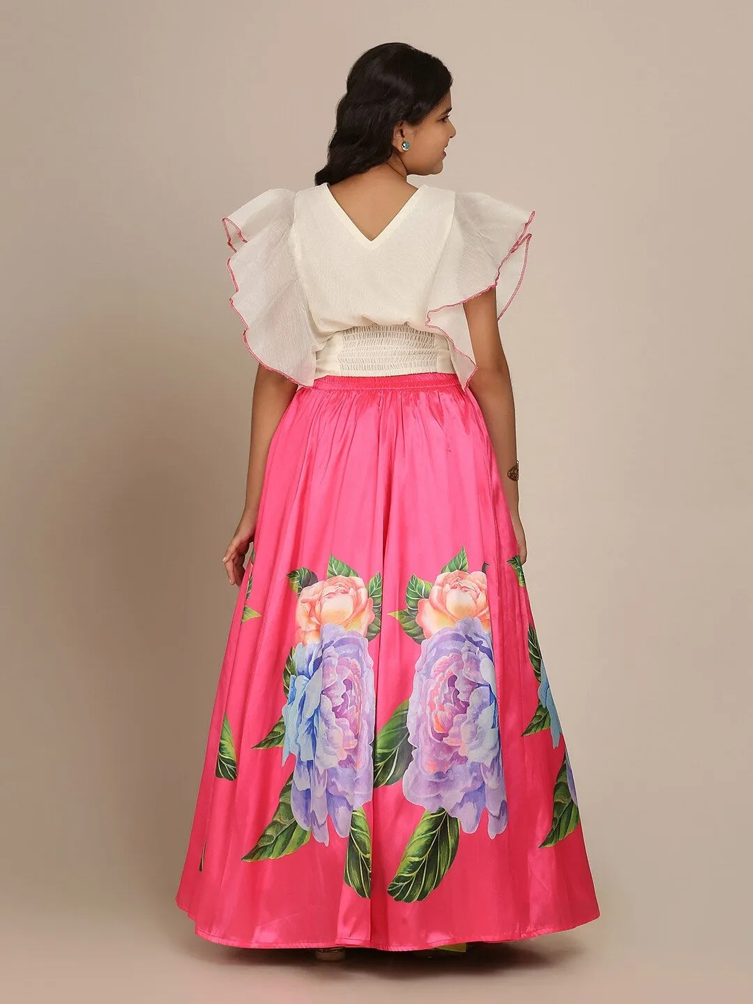 Girls Pink & Green Ready To Wear Lehenga