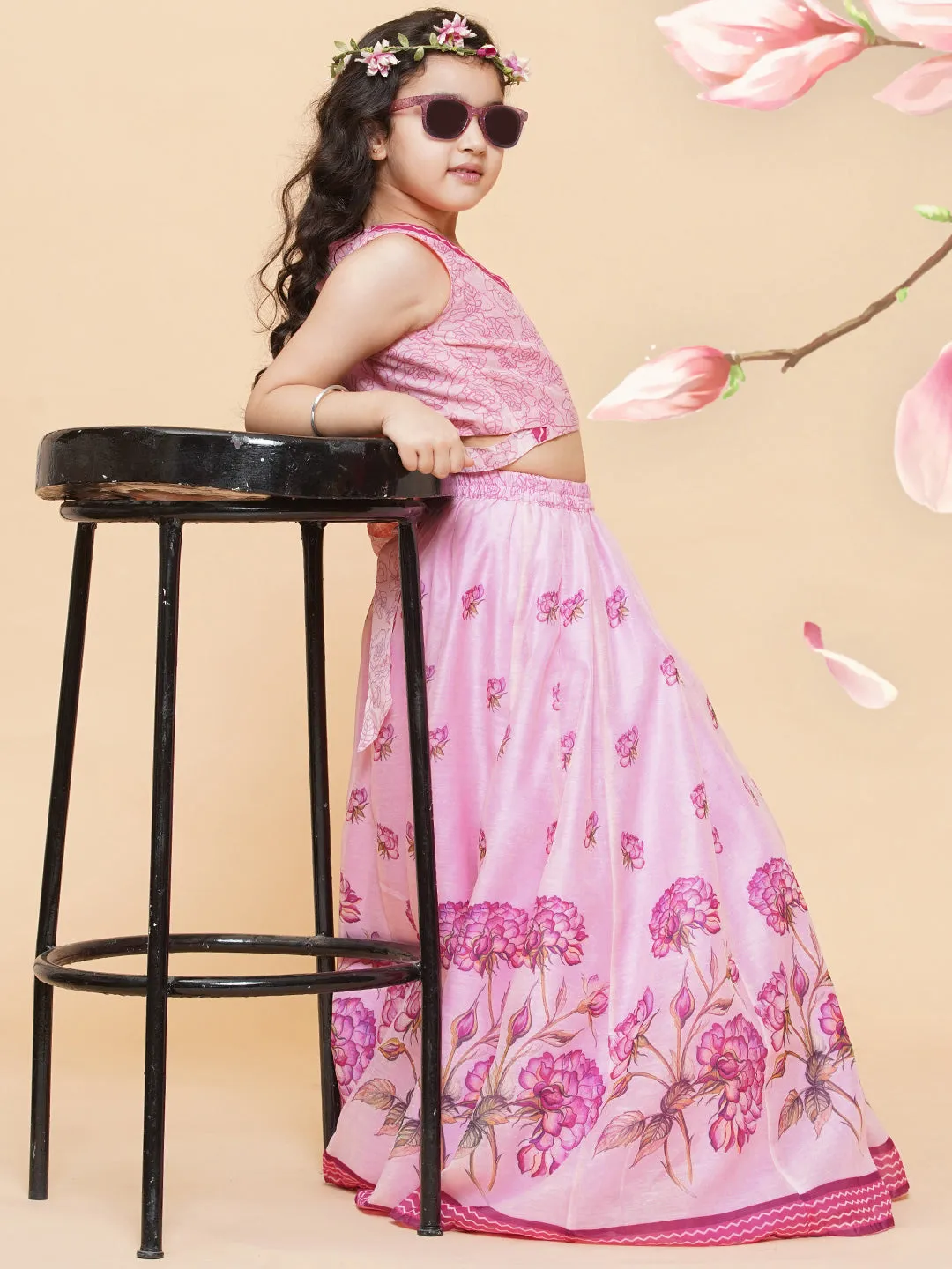 Girls Pink & Lavender Printed Ready to Wear Lehenga with Blouse
