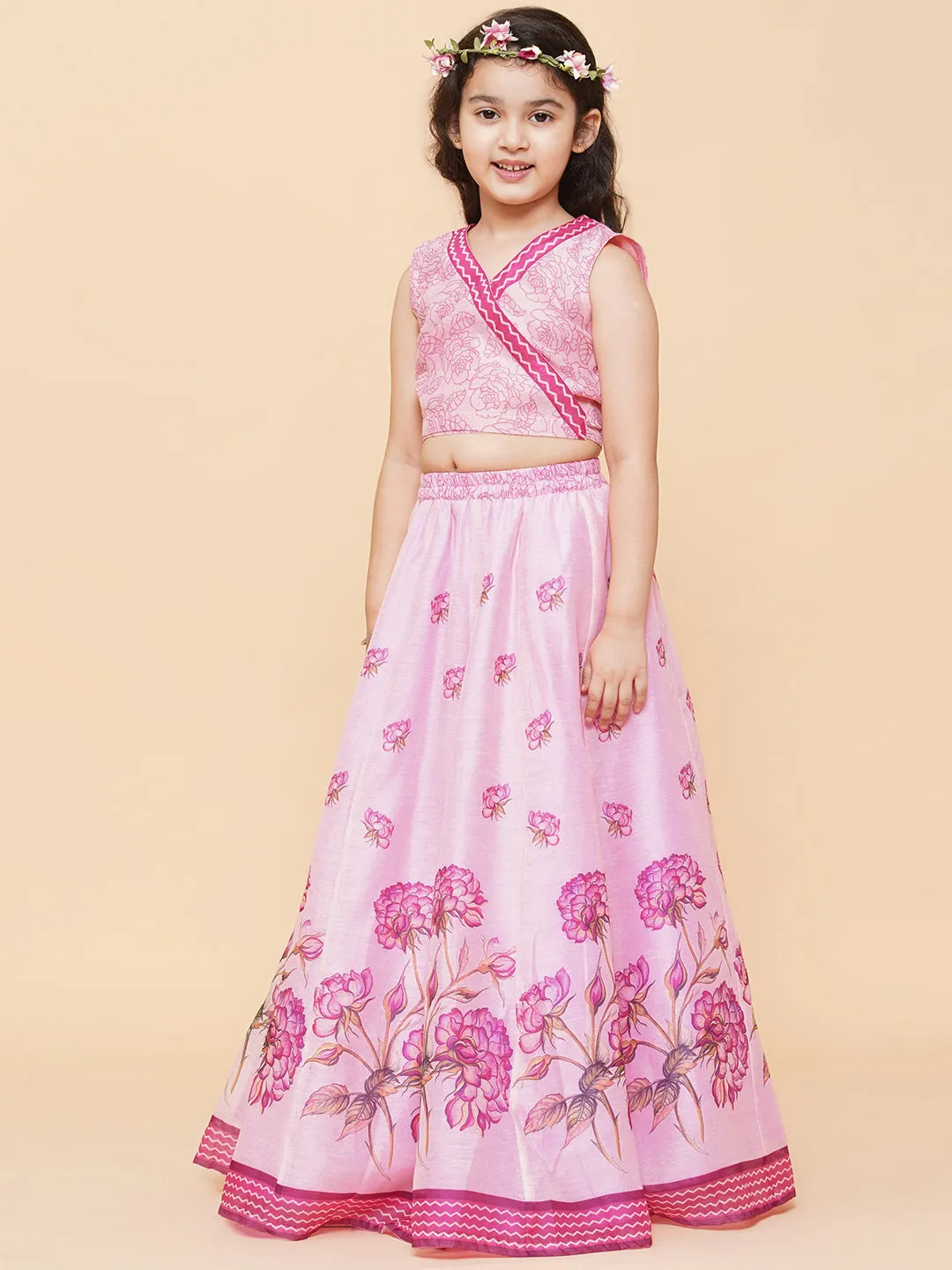 Girls Pink & Lavender Printed Ready to Wear Lehenga with Blouse