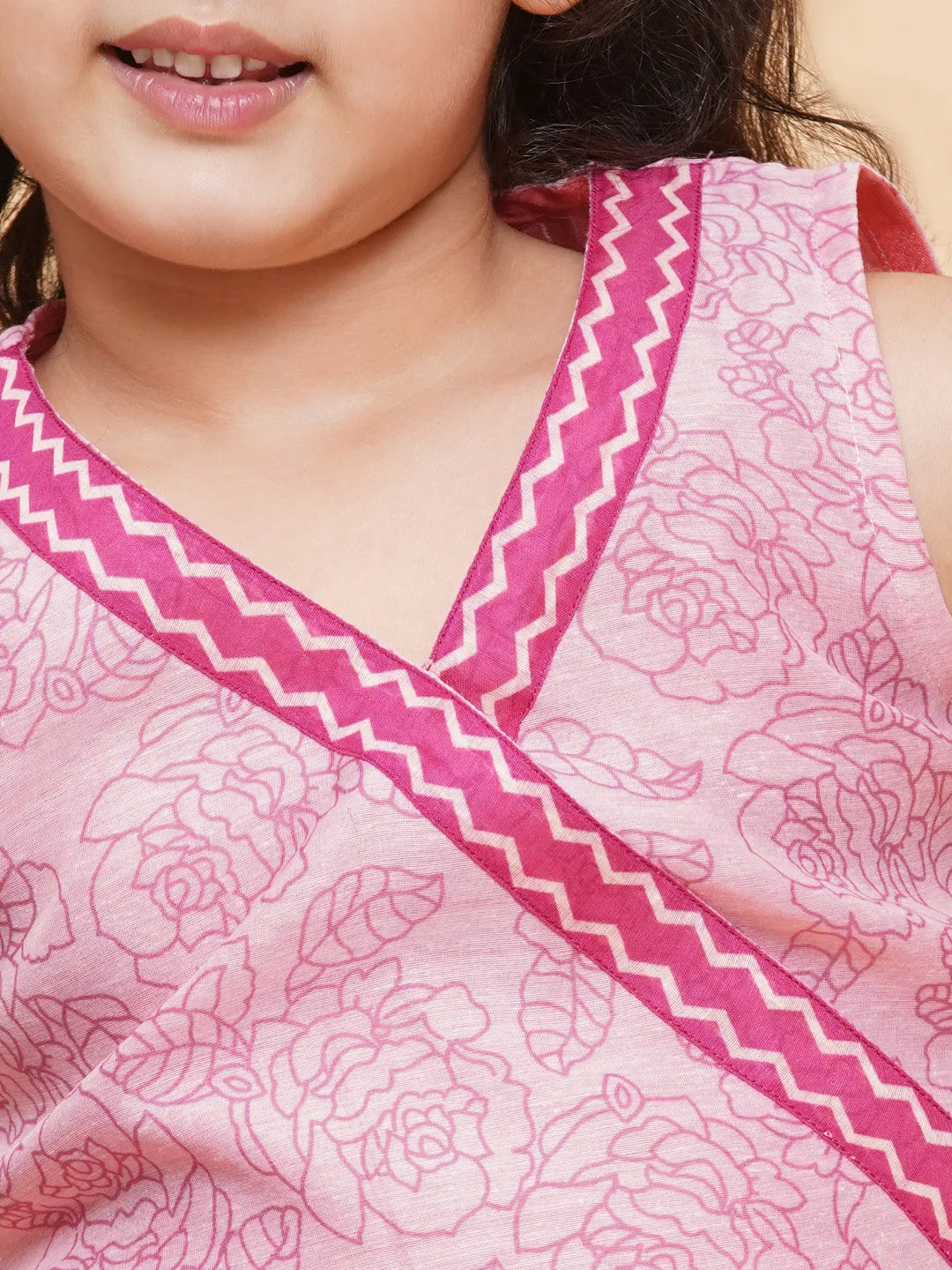 Girls Pink & Lavender Printed Ready to Wear Lehenga with Blouse