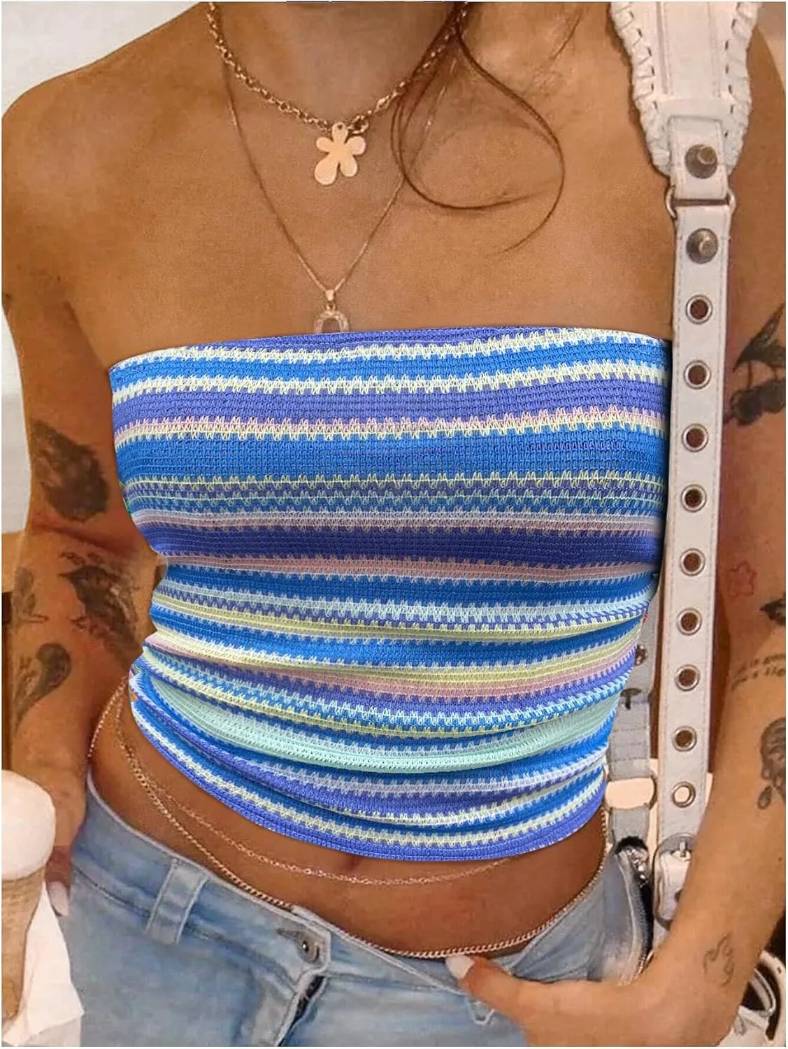 GORGLITTER Women's Strapless Stripe Knit Tube Tops Bandeau Boho Summer Backless Sleeveless Colorful Going Out Crop Top