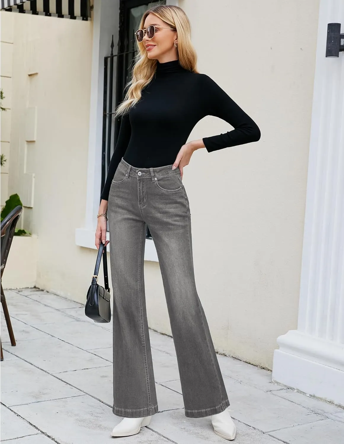 GRAPENT Womens Flare Jeans High Waisted Wide Leg Baggy Jean for Women Stretch Denim Pants