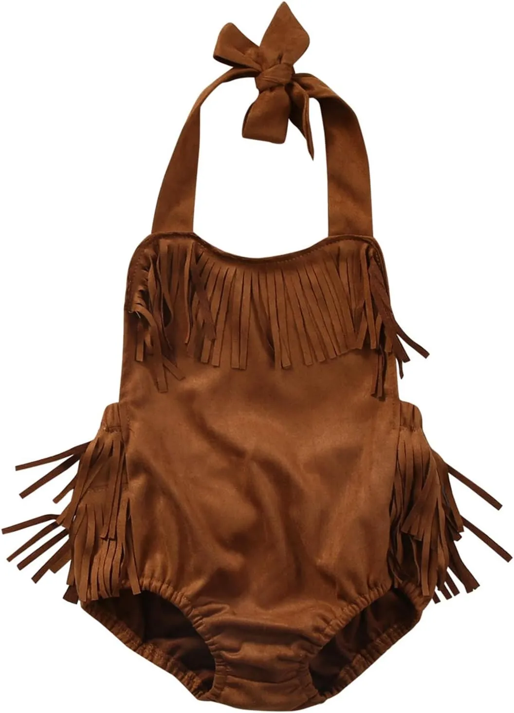 Infant Baby Girl Fringe Faux Suede Romper - Western Style Halter Sunsuit, Adjustable Straps