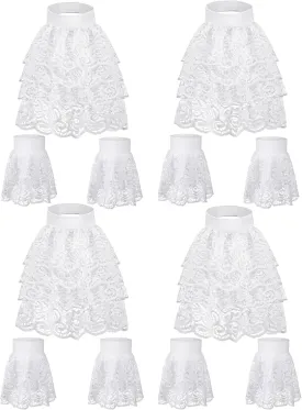 Janmercy 4 Set Halloween White Victorian Lace Jabot and Cuffs Set Colonial Lace Collar Detachable Fake Sleeve for Pirate Colonial Stage Party Halloween Cosplay Costume Accessory
