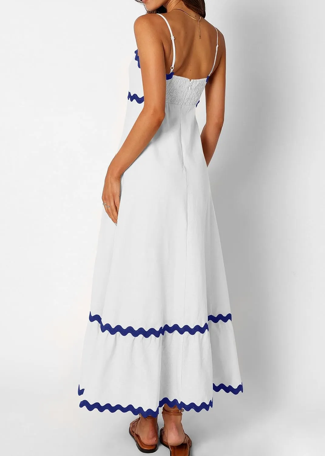 KIRUNDO Womens Summer Dresses 2025 Boho Spaghetti Strap Sleeveless Smocked Rickrack Trim Flowy Beach Vacation Midi Sundress