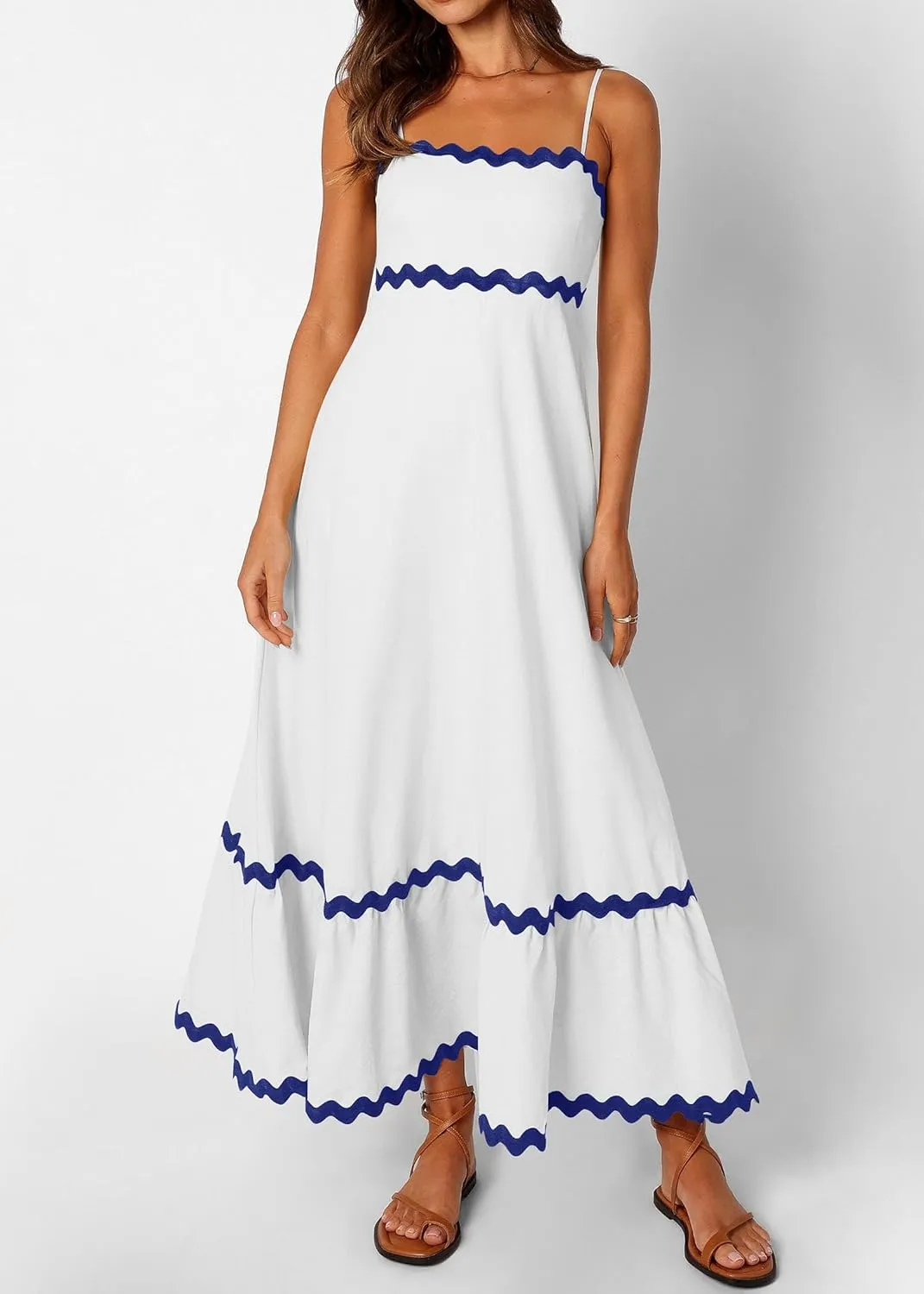 KIRUNDO Womens Summer Dresses 2025 Boho Spaghetti Strap Sleeveless Smocked Rickrack Trim Flowy Beach Vacation Midi Sundress