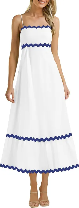 KIRUNDO Womens Summer Dresses 2025 Boho Spaghetti Strap Sleeveless Smocked Rickrack Trim Flowy Beach Vacation Midi Sundress