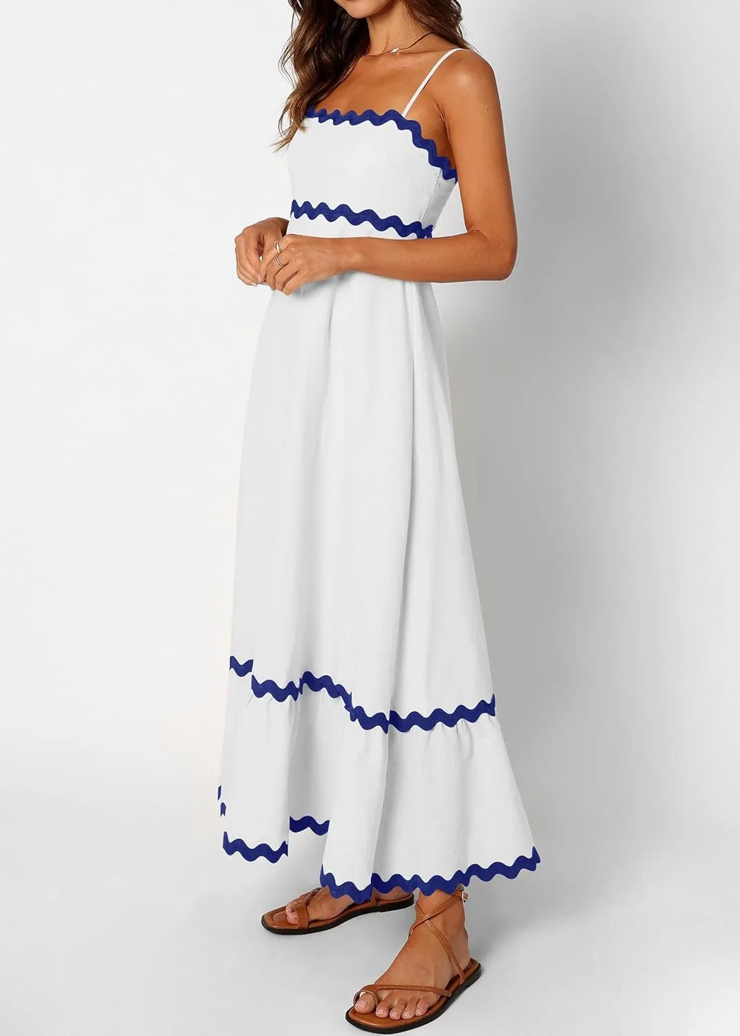 KIRUNDO Womens Summer Dresses 2025 Boho Spaghetti Strap Sleeveless Smocked Rickrack Trim Flowy Beach Vacation Midi Sundress