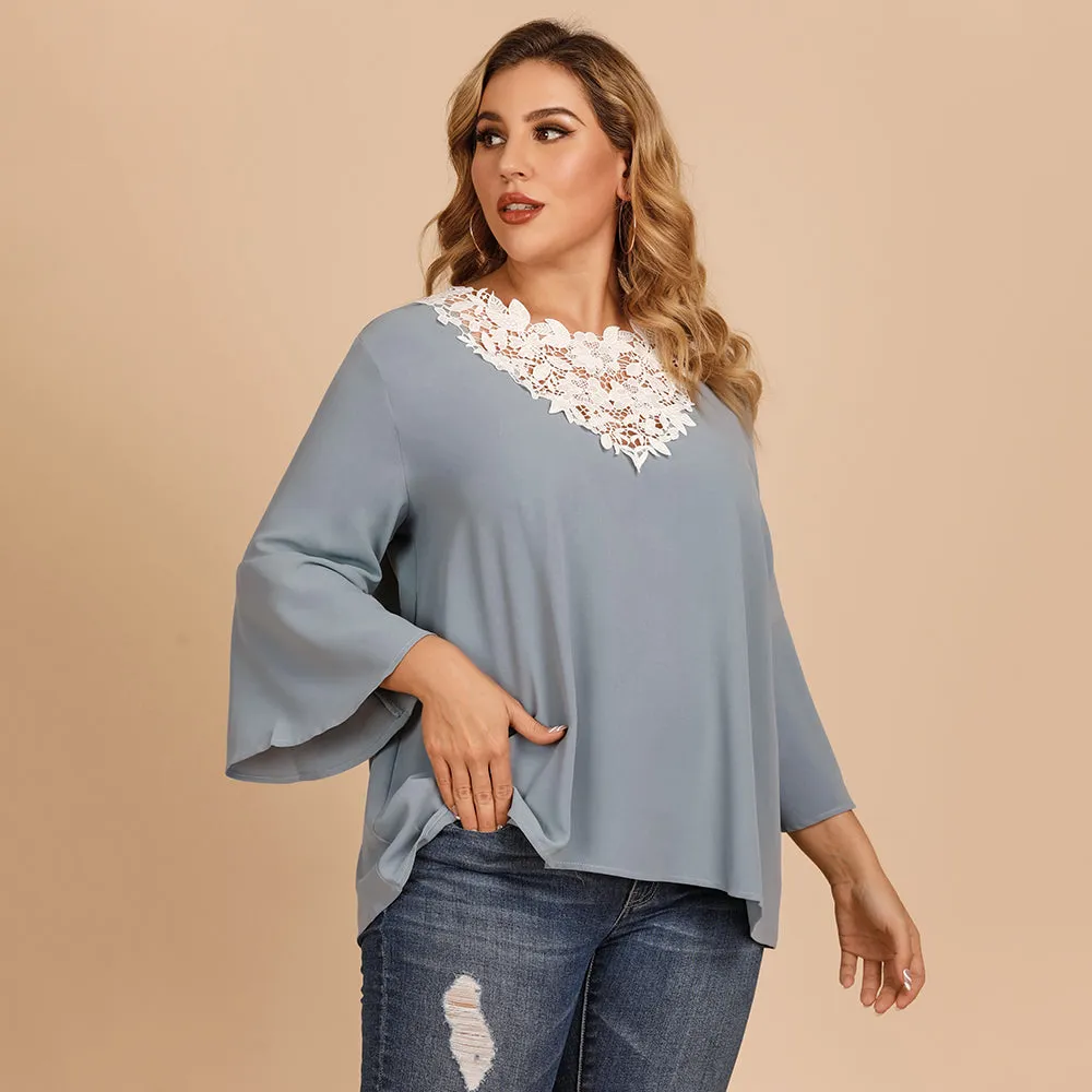 KittenAlarm - Plus size women's blouse with flared sleeves and lace crochet stitching V-neck in solid color shirt