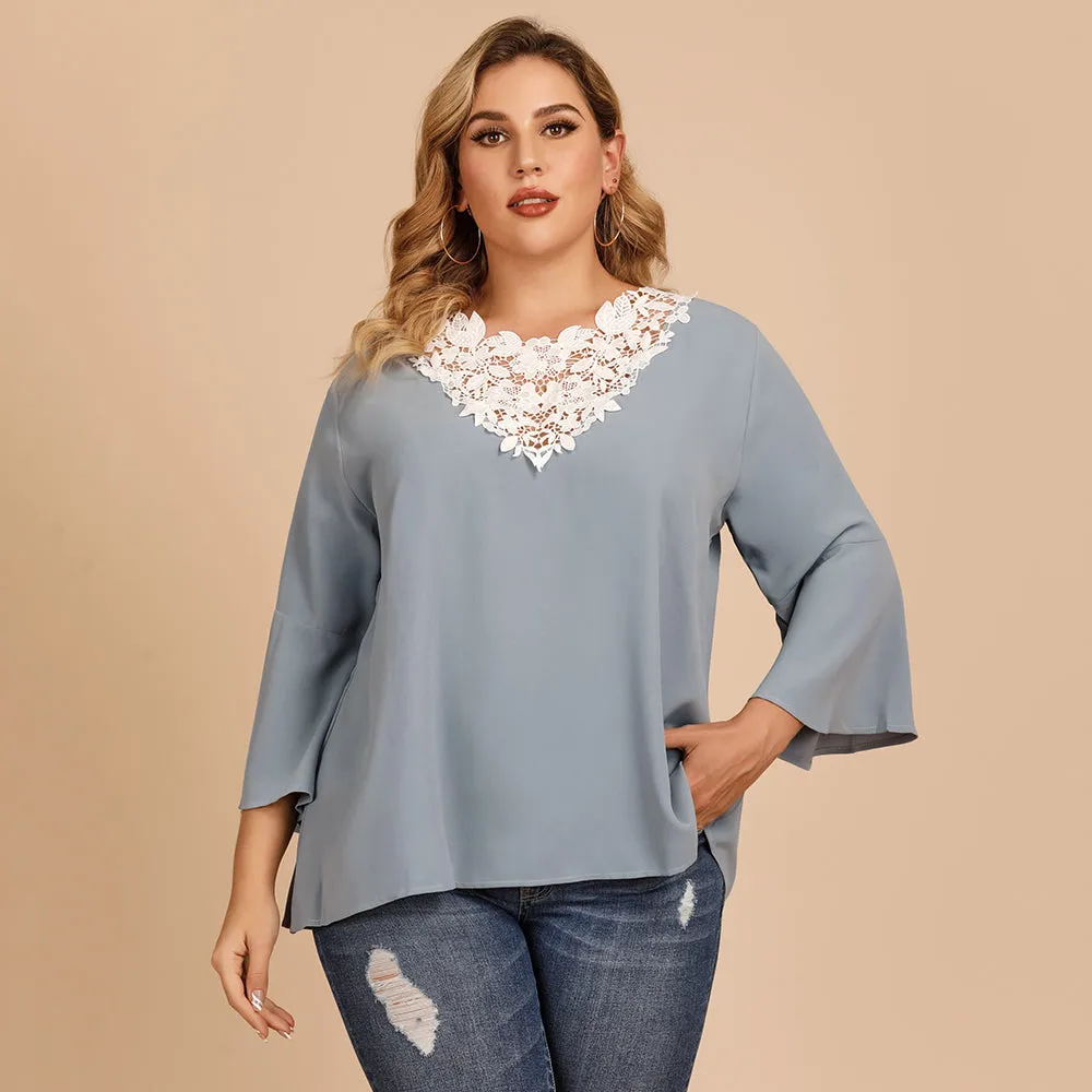 KittenAlarm - Plus size women's blouse with flared sleeves and lace crochet stitching V-neck in solid color shirt