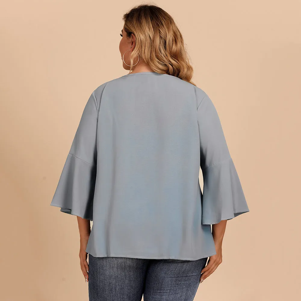 KittenAlarm - Plus size women's blouse with flared sleeves and lace crochet stitching V-neck in solid color shirt