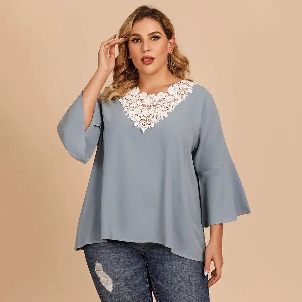 KittenAlarm - Plus size women's blouse with flared sleeves and lace crochet stitching V-neck in solid color shirt