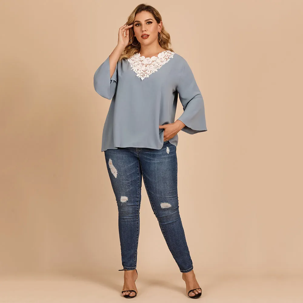 KittenAlarm - Plus size women's blouse with flared sleeves and lace crochet stitching V-neck in solid color shirt
