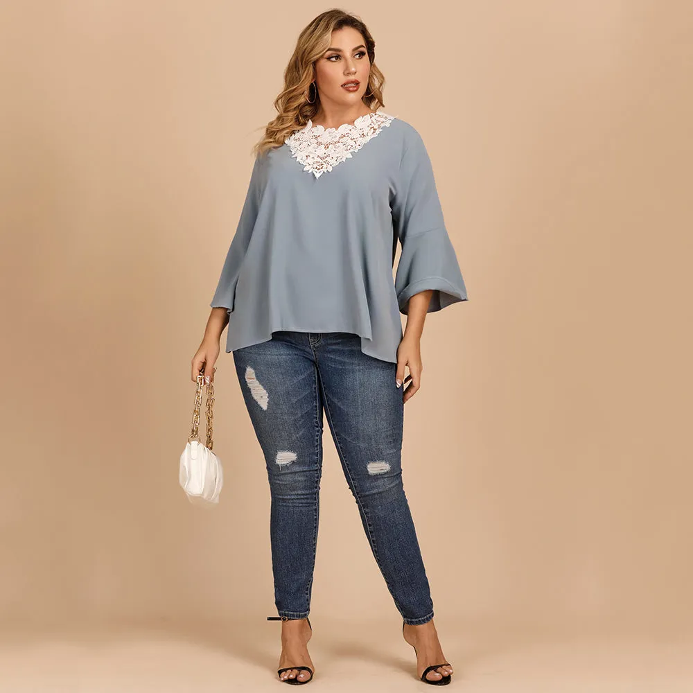 KittenAlarm - Plus size women's blouse with flared sleeves and lace crochet stitching V-neck in solid color shirt