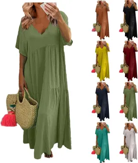 Linen Dress Women Summer Short Sleeve V Neck Plus Size Maxi Dress Casual Flowy Loose Long Vacation Beach Dresses