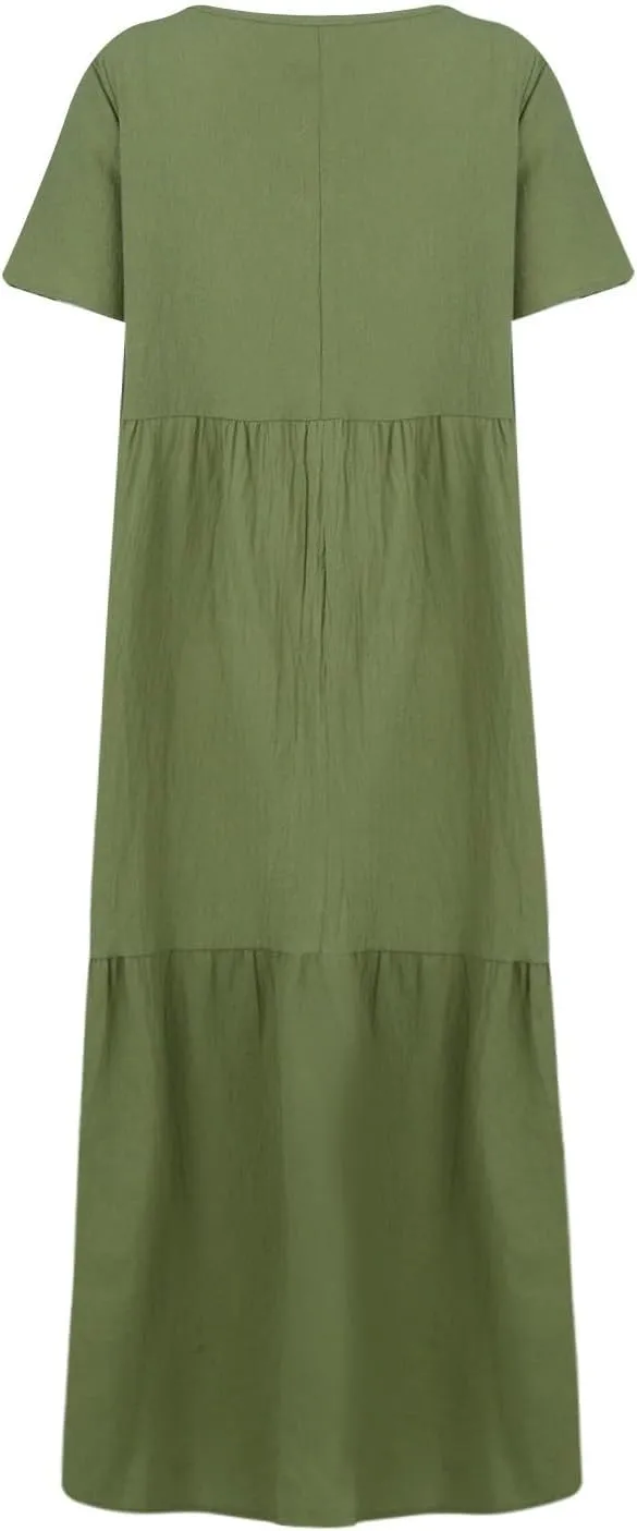 Linen Dress Women Summer Short Sleeve V Neck Plus Size Maxi Dress Casual Flowy Loose Long Vacation Beach Dresses