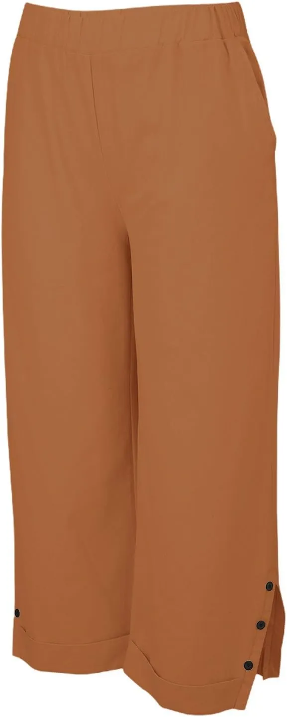 Linen Pants for Women Summer Elastic Waist Straight Leg Plus Size Crop Button Casual Beach Trousers with Pockets