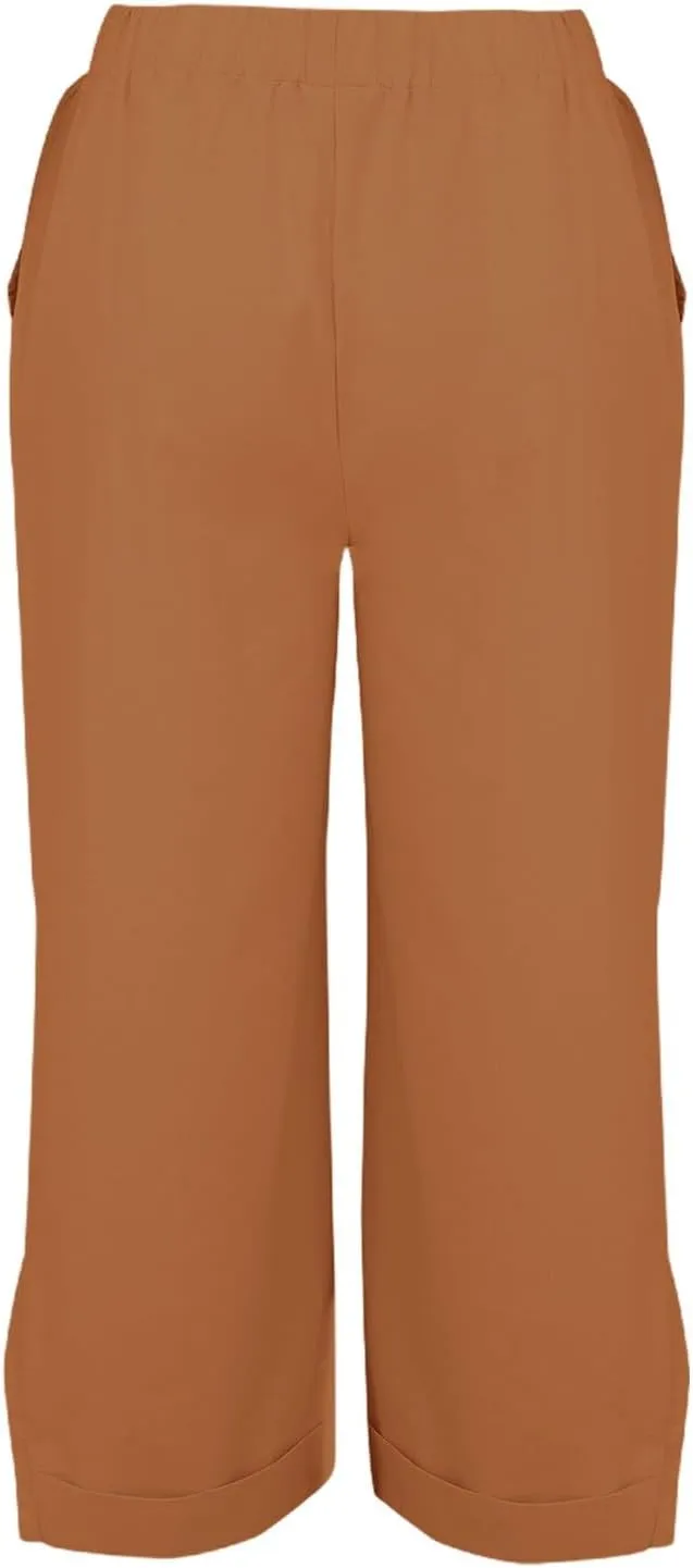 Linen Pants for Women Summer Elastic Waist Straight Leg Plus Size Crop Button Casual Beach Trousers with Pockets