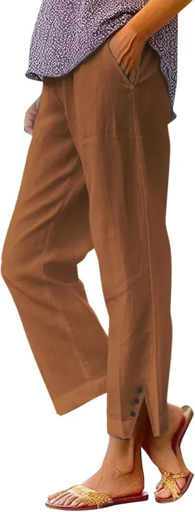 Linen Pants for Women Summer Elastic Waist Straight Leg Plus Size Crop Button Casual Beach Trousers with Pockets