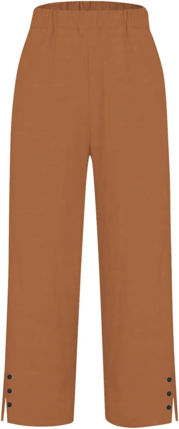Linen Pants for Women Summer Elastic Waist Straight Leg Plus Size Crop Button Casual Beach Trousers with Pockets