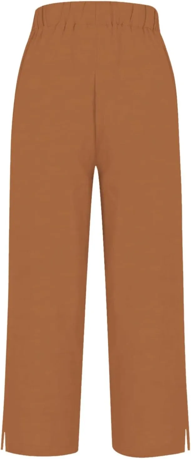 Linen Pants for Women Summer Elastic Waist Straight Leg Plus Size Crop Button Casual Beach Trousers with Pockets