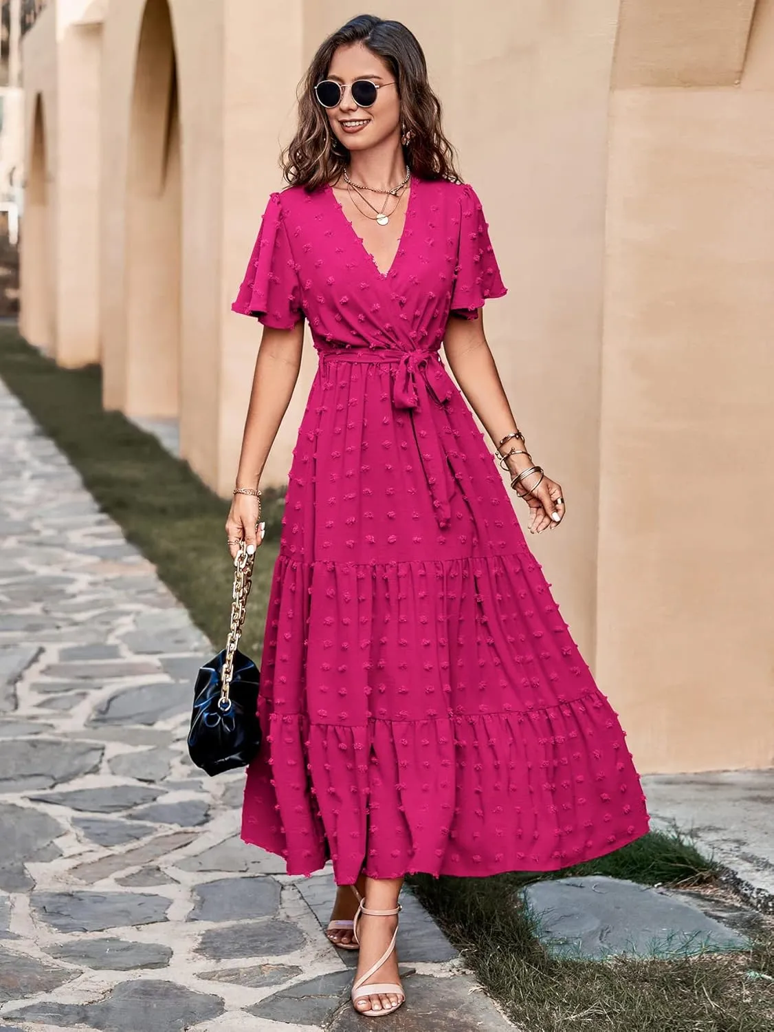 MASCOMODA Boho Floral Swiss Dot Summer Maxi Dresses for Women Wrap V Neck Short Sleeve Long Flowy Church Wedding Guest Dress